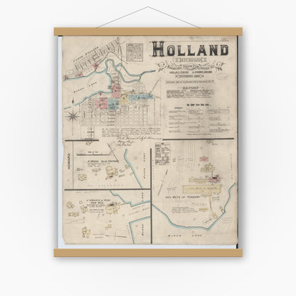 Old map wall art mockup — magnetic wood frame on white wall — Sanborn Fire Insurance Map from Holland, Ottawa County, Michigan (1883), Sheet #0001