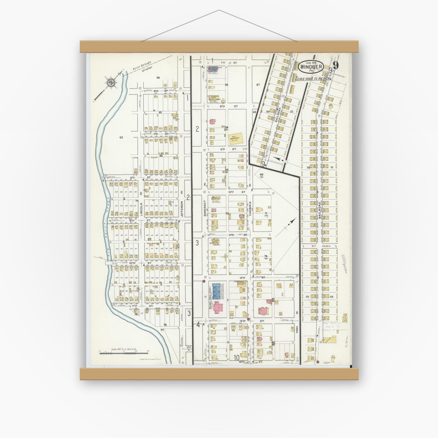 Old map wall art mockup — magnetic wood frame on white wall — Sanborn Fire Insurance Map from Windber, Somerset County, Pennsylvania (1916), Sheet #0009