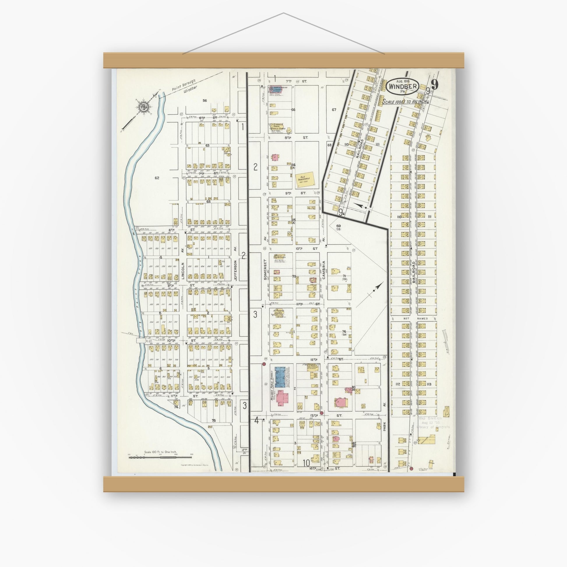 Old map wall art mockup — magnetic wood frame on white wall — Sanborn Fire Insurance Map from Windber, Somerset County, Pennsylvania (1916), Sheet #0009