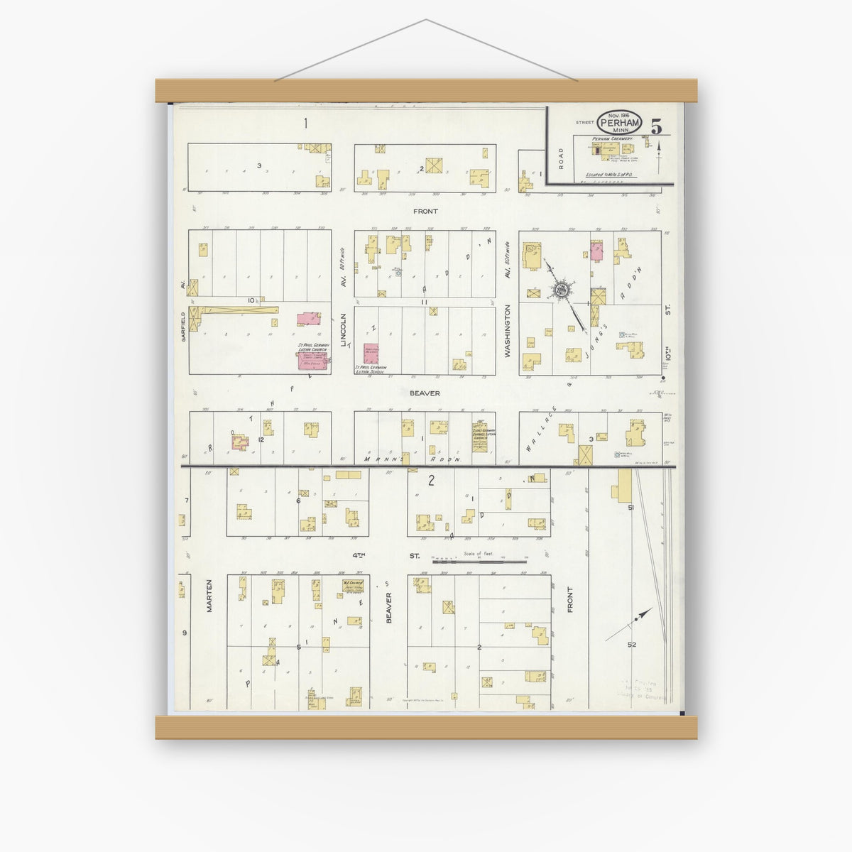 Old map wall art mockup — magnetic wood frame on white wall — Sanborn Fire Insurance Map from Perham, Otter Tail County, Minnesota (1916), Sheet #0005