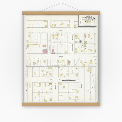 Old map wall art mockup — magnetic wood frame on white wall — Sanborn Fire Insurance Map from Perham, Otter Tail County, Minnesota (1916), Sheet #0005