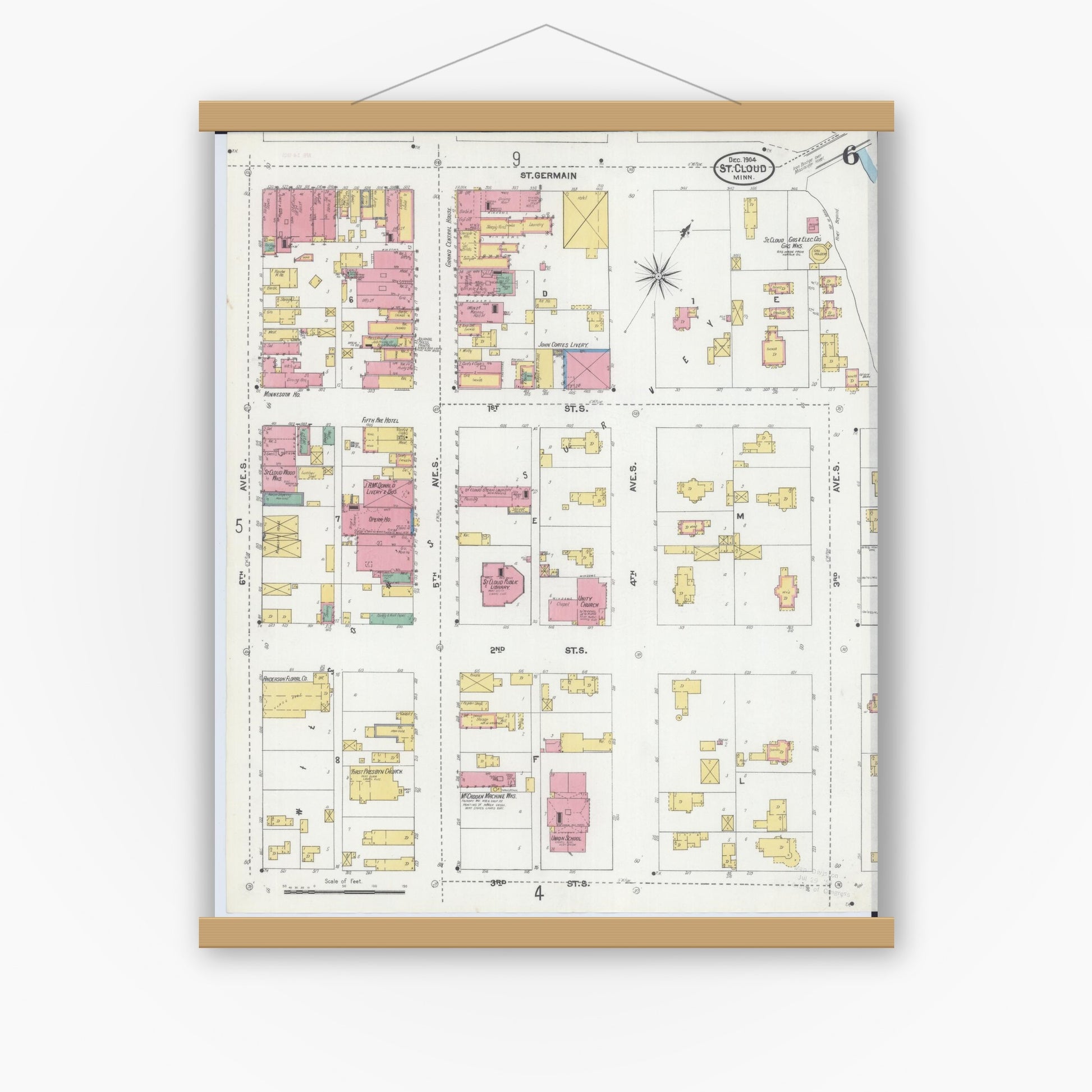 Old map wall art mockup — magnetic wood frame on white wall — Sanborn Fire Insurance Map from Saint Cloud, Stearns, Benton, and Sherburne Counties, Minnesota (1904), Sheet #0006