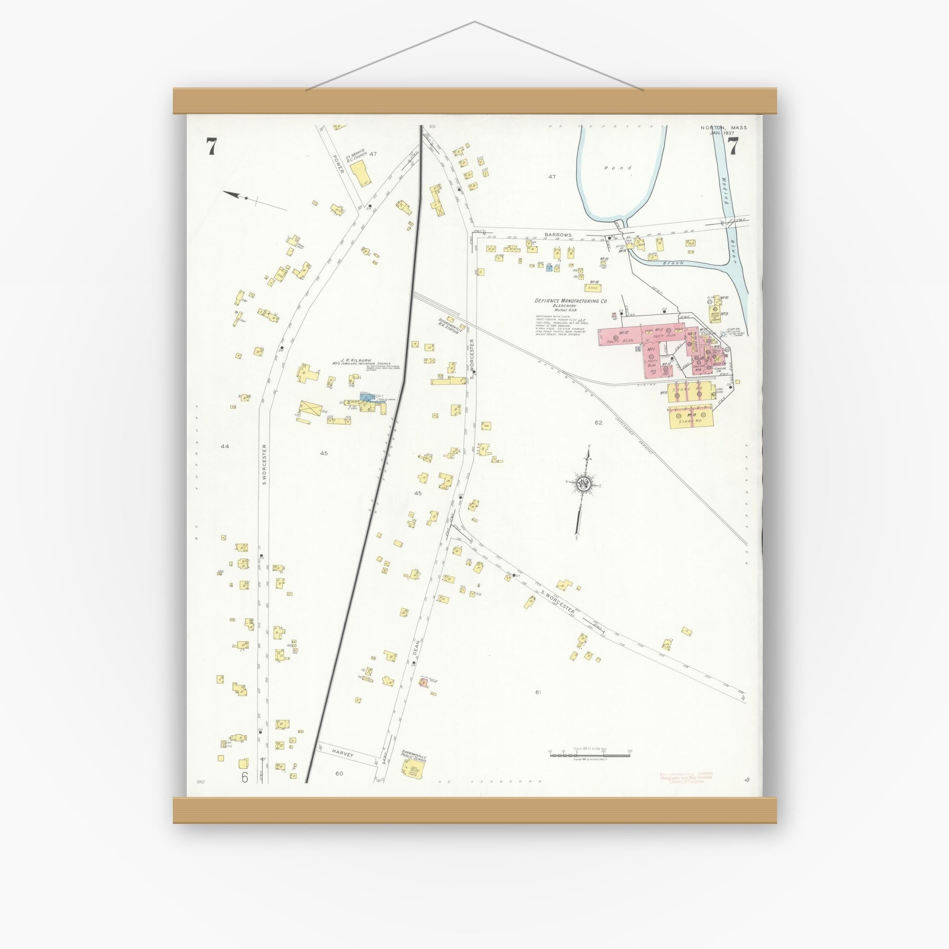 Old map wall art mockup — magnetic wood frame on white wall — Sanborn Fire Insurance Map from Norton, Bristol County, Massachusetts (1937), Sheet #0007