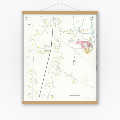 Old map wall art mockup — magnetic wood frame on white wall — Sanborn Fire Insurance Map from Norton, Bristol County, Massachusetts (1937), Sheet #0007