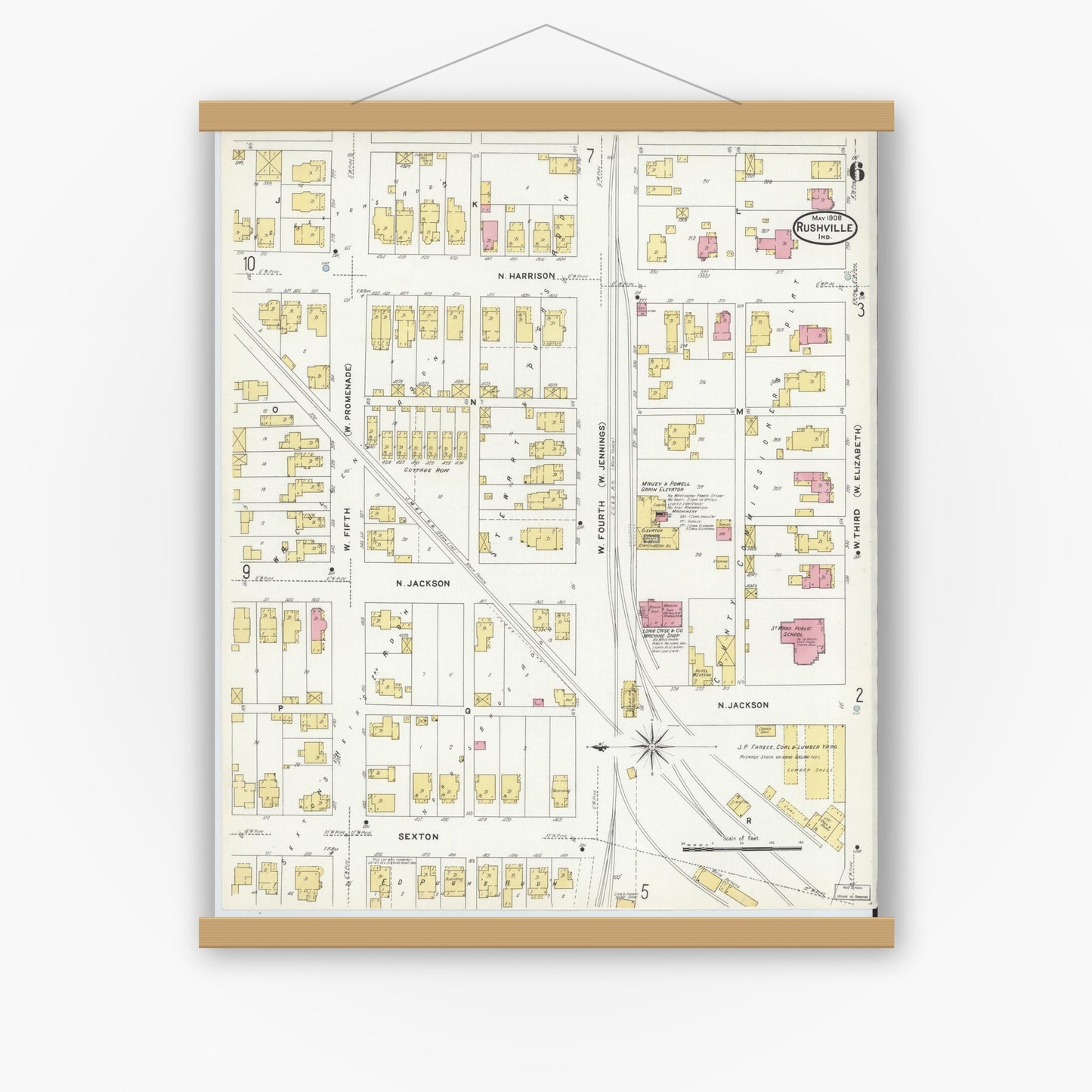 Old map wall art mockup — magnetic wood frame on white wall — Sanborn Fire Insurance Map from Rushville, Rush County, Indiana (1908), Sheet #0006