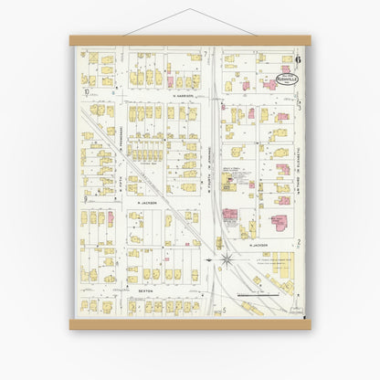 Old map wall art mockup — magnetic wood frame on white wall — Sanborn Fire Insurance Map from Rushville, Rush County, Indiana (1908), Sheet #0006