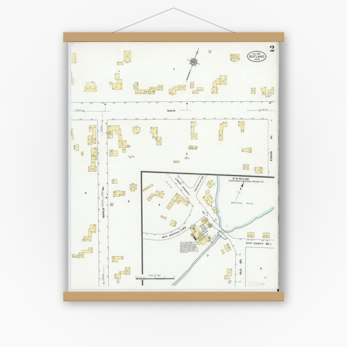 Old map wall art mockup — magnetic wood frame on white wall — Sanborn Fire Insurance Map from Rutland, Worcester County, Massachusetts (1910), Sheet #0002