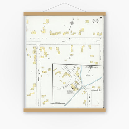 Old map wall art mockup — magnetic wood frame on white wall — Sanborn Fire Insurance Map from Rutland, Worcester County, Massachusetts (1910), Sheet #0002