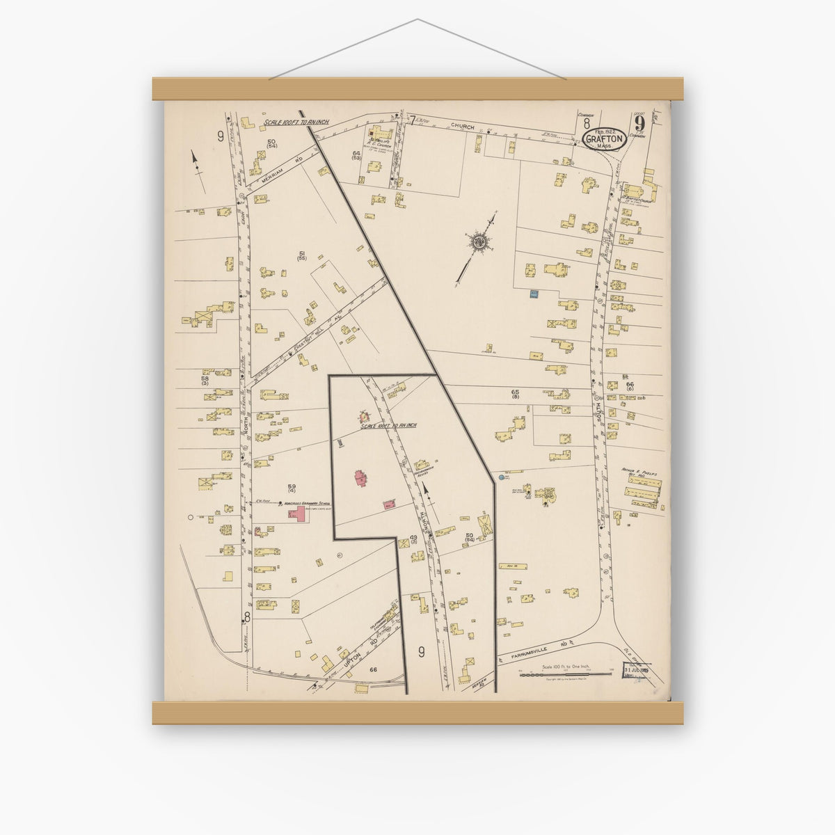 Old map wall art mockup — magnetic wood frame on white wall — Sanborn Fire Insurance Map from Grafton, Worcester County, Massachusetts (1922), Sheet #0009