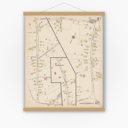 Old map wall art mockup — magnetic wood frame on white wall — Sanborn Fire Insurance Map from Grafton, Worcester County, Massachusetts (1922), Sheet #0009