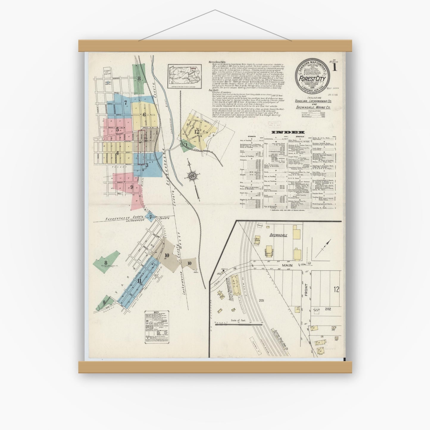 Old map wall art mockup — magnetic wood frame on white wall — Sanborn Fire Insurance Map from Forest City, Susquehanna County, Pennsylvania (1914) - Complete Map Set