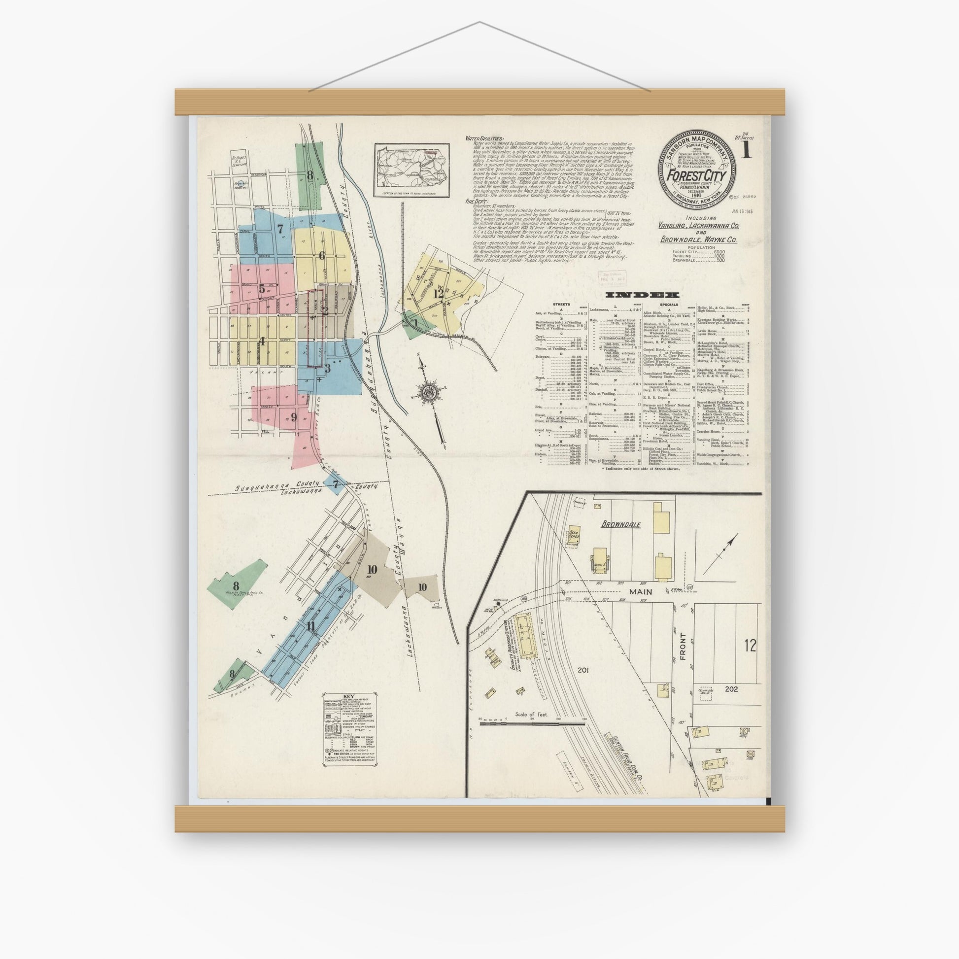 Old map wall art mockup — magnetic wood frame on white wall — Sanborn Fire Insurance Map from Forest City, Susquehanna County, Pennsylvania (1914) - Complete Map Set