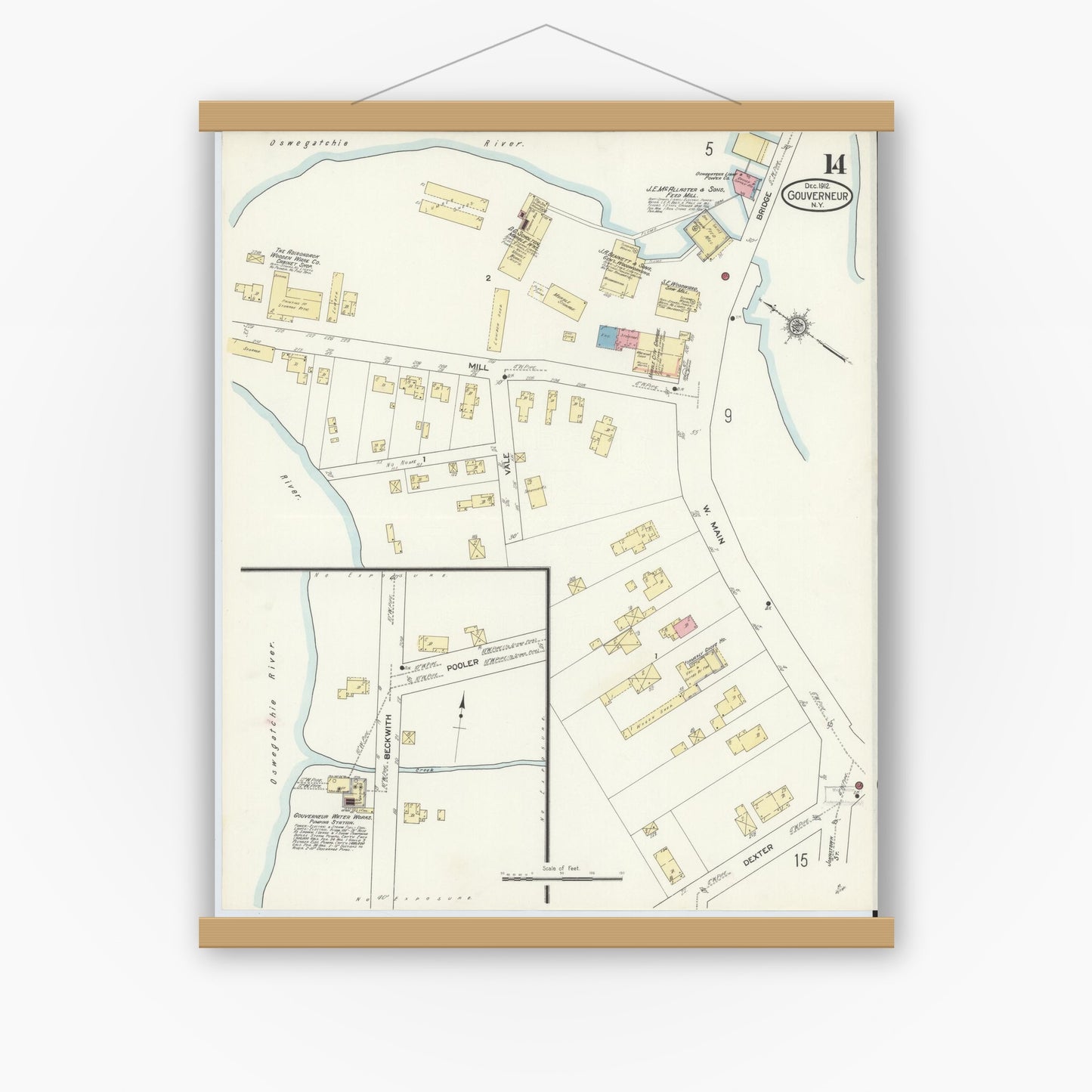 Old map wall art mockup — magnetic wood frame on white wall — Sanborn Fire Insurance Map from Gouverneur, Saint Lawrence County, New York (1912), Sheet #0014