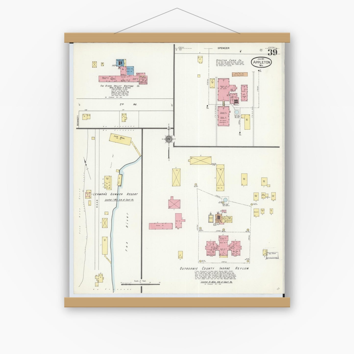Old map wall art mockup — magnetic wood frame on white wall — Sanborn Fire Insurance Map from Appleton, Outagamie County, Wisconsin (1911), Sheet #0039