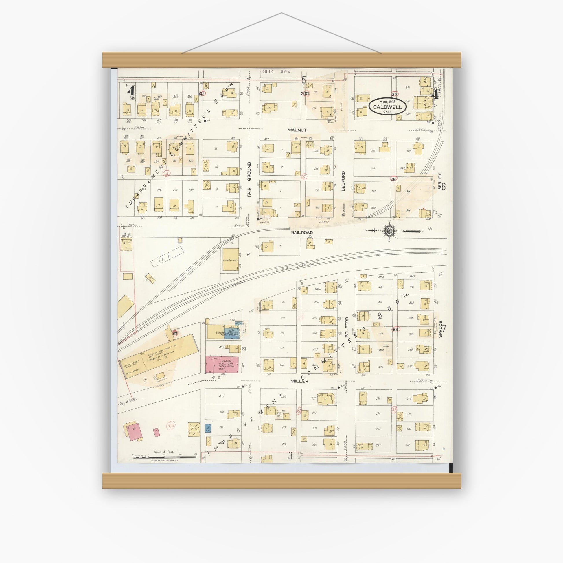 Old map wall art mockup — magnetic wood frame on white wall — Sanborn Fire Insurance Map from Caldwell, Noble County, Ohio (1932), Sheet #0004
