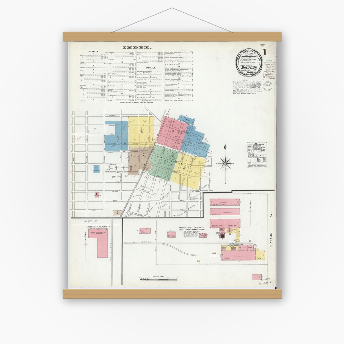 Old map wall art mockup — magnetic wood frame on white wall — Sanborn Fire Insurance Map from Montpelier, Blackford County, Indiana (1900) - Complete Map Set