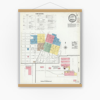 Old map wall art mockup — magnetic wood frame on white wall — Sanborn Fire Insurance Map from Montpelier, Blackford County, Indiana (1900) - Complete Map Set