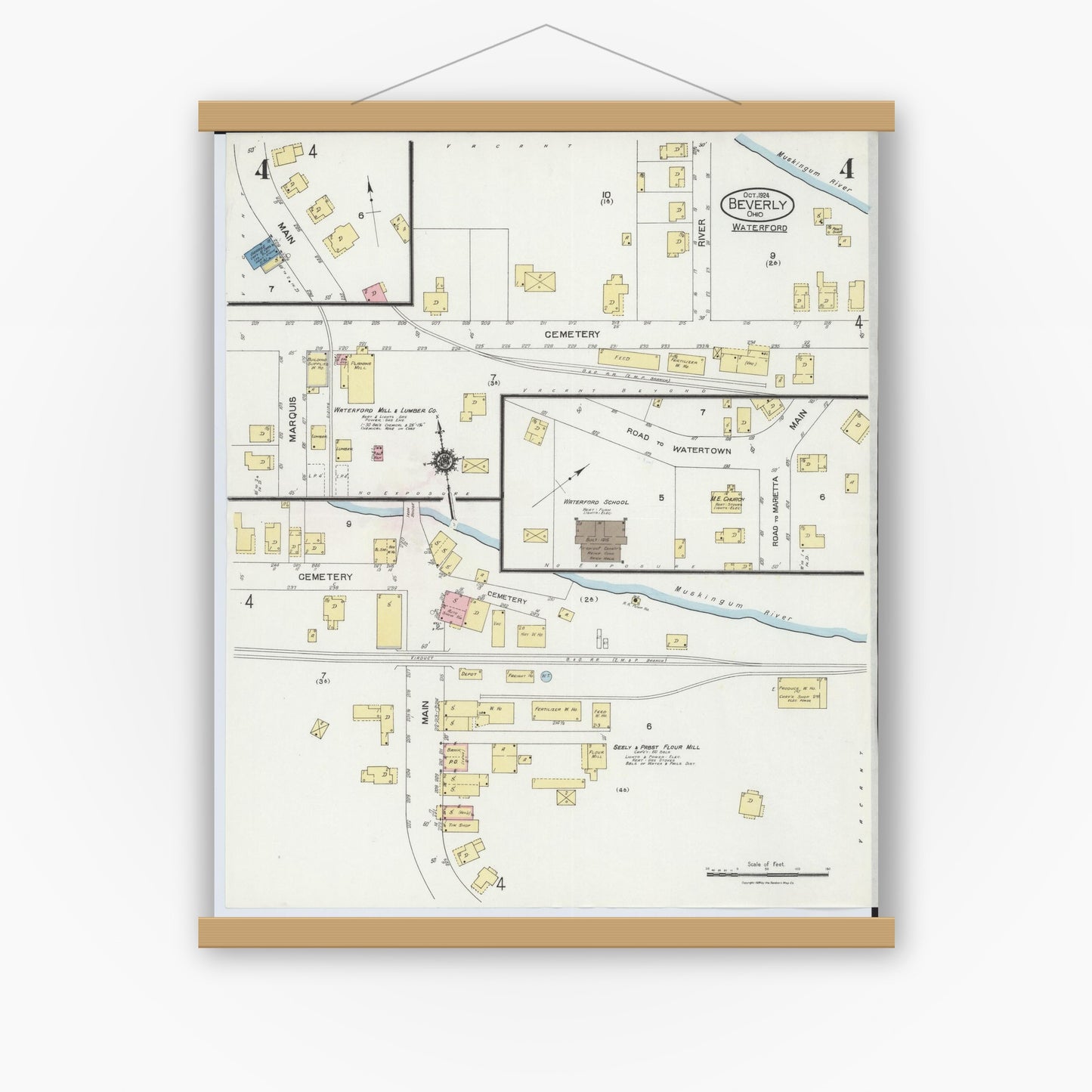 Old map wall art mockup — magnetic wood frame on white wall — Sanborn Fire Insurance Map from Beverly, Washington County, Ohio (1924), Sheet #0004