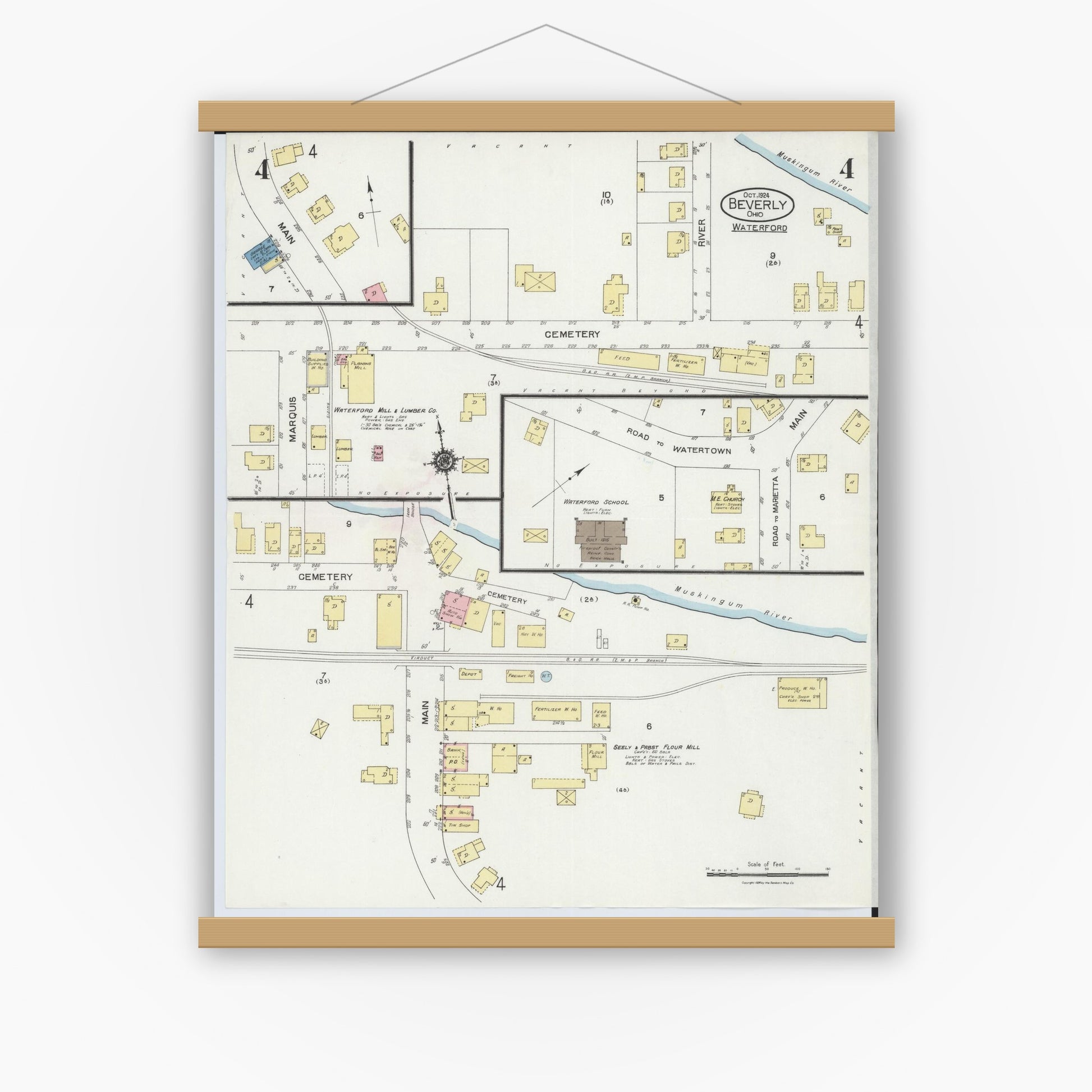 Old map wall art mockup — magnetic wood frame on white wall — Sanborn Fire Insurance Map from Beverly, Washington County, Ohio (1924), Sheet #0004
