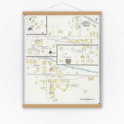 Old map wall art mockup — magnetic wood frame on white wall — Sanborn Fire Insurance Map from Beverly, Washington County, Ohio (1924), Sheet #0004