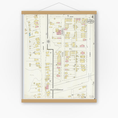 Old map wall art mockup — magnetic wood frame on white wall — Sanborn Fire Insurance Map from Madison, Jefferson County, Indiana (1897), Sheet #0004