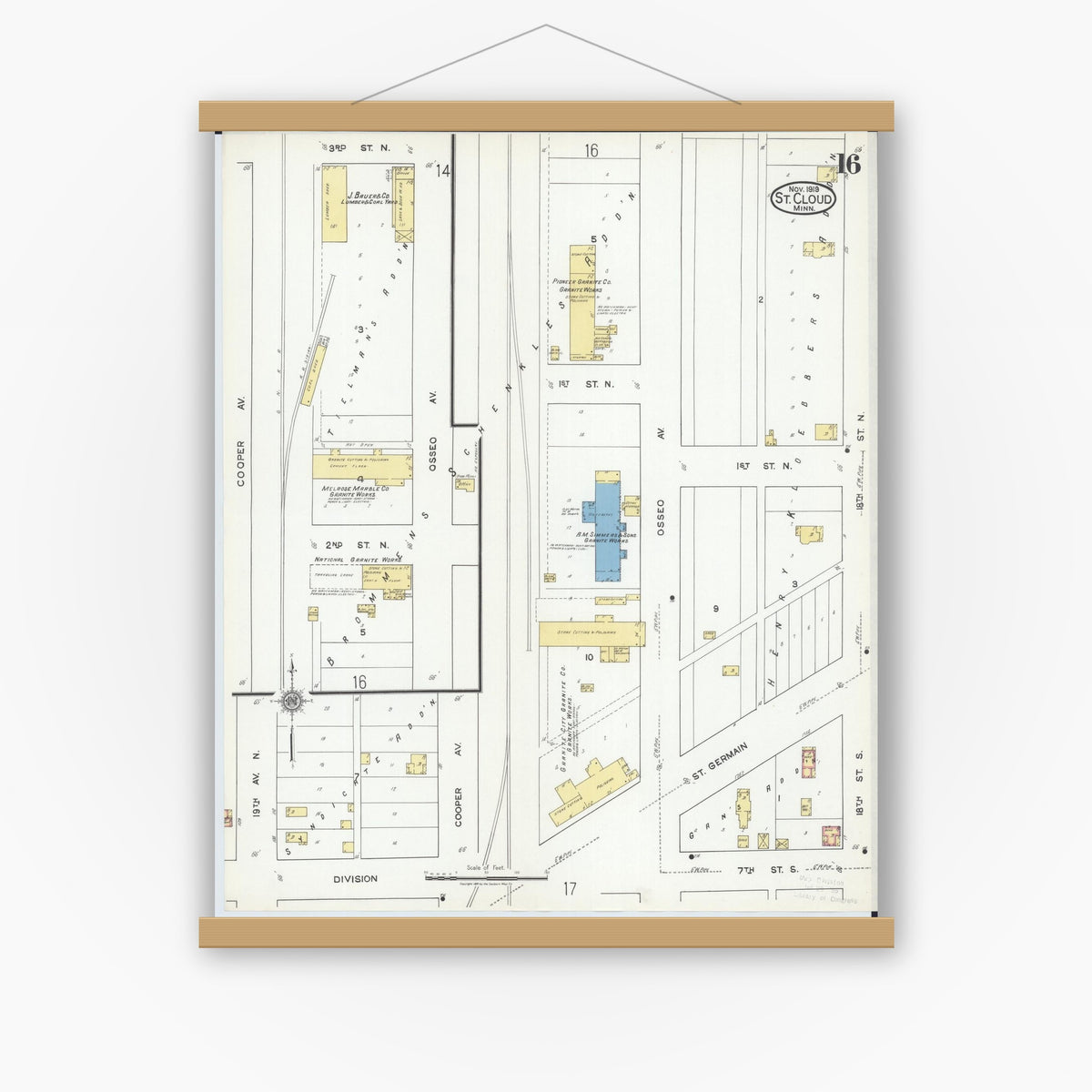 Old map wall art mockup — magnetic wood frame on white wall — Sanborn Fire Insurance Map from Saint Cloud, Stearns, Benton, and Sherburne Counties, Minnesota (1919), Sheet #0016