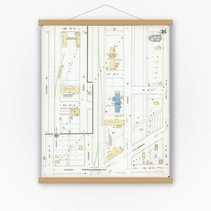 Old map wall art mockup — magnetic wood frame on white wall — Sanborn Fire Insurance Map from Saint Cloud, Stearns, Benton, and Sherburne Counties, Minnesota (1919), Sheet #0016