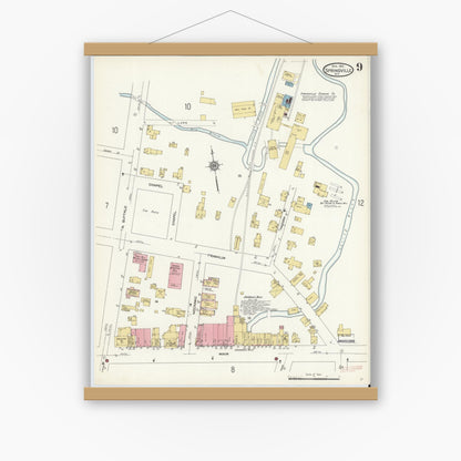 Old map wall art mockup — magnetic wood frame on white wall — Sanborn Fire Insurance Map from Springville, Erie County, New York (1912), Sheet #0009