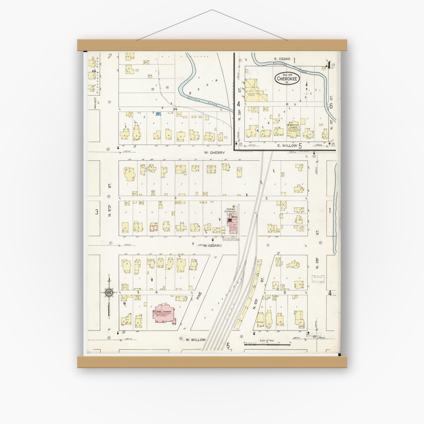 Old map wall art mockup — magnetic wood frame on white wall — Sanborn Fire Insurance Map from Cherokee, Cherokee County, Iowa (1914), Sheet #0004