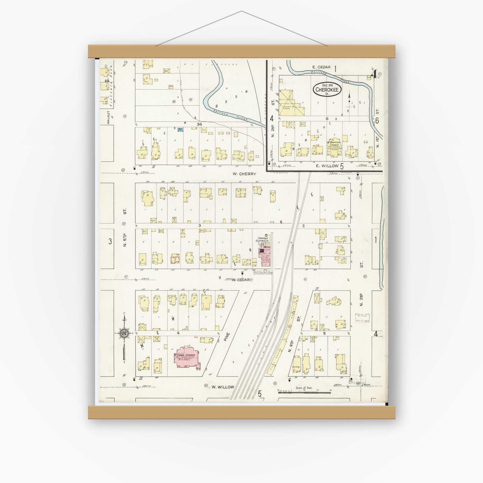 Old map wall art mockup — magnetic wood frame on white wall — Sanborn Fire Insurance Map from Cherokee, Cherokee County, Iowa (1914), Sheet #0004