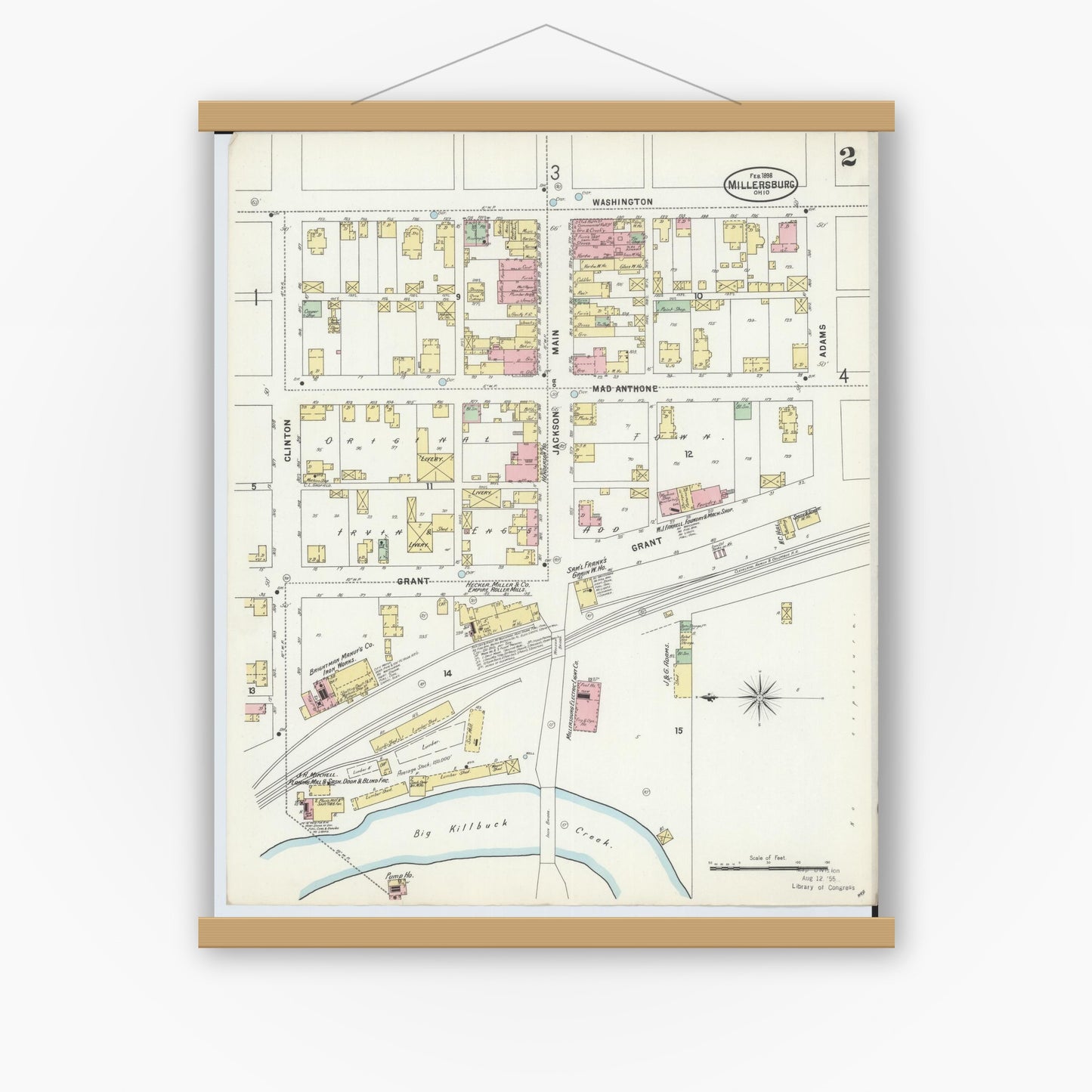 Old map wall art mockup — magnetic wood frame on white wall — Sanborn Fire Insurance Map from Millersburg, Holmes County, Ohio (1898), Sheet #0002