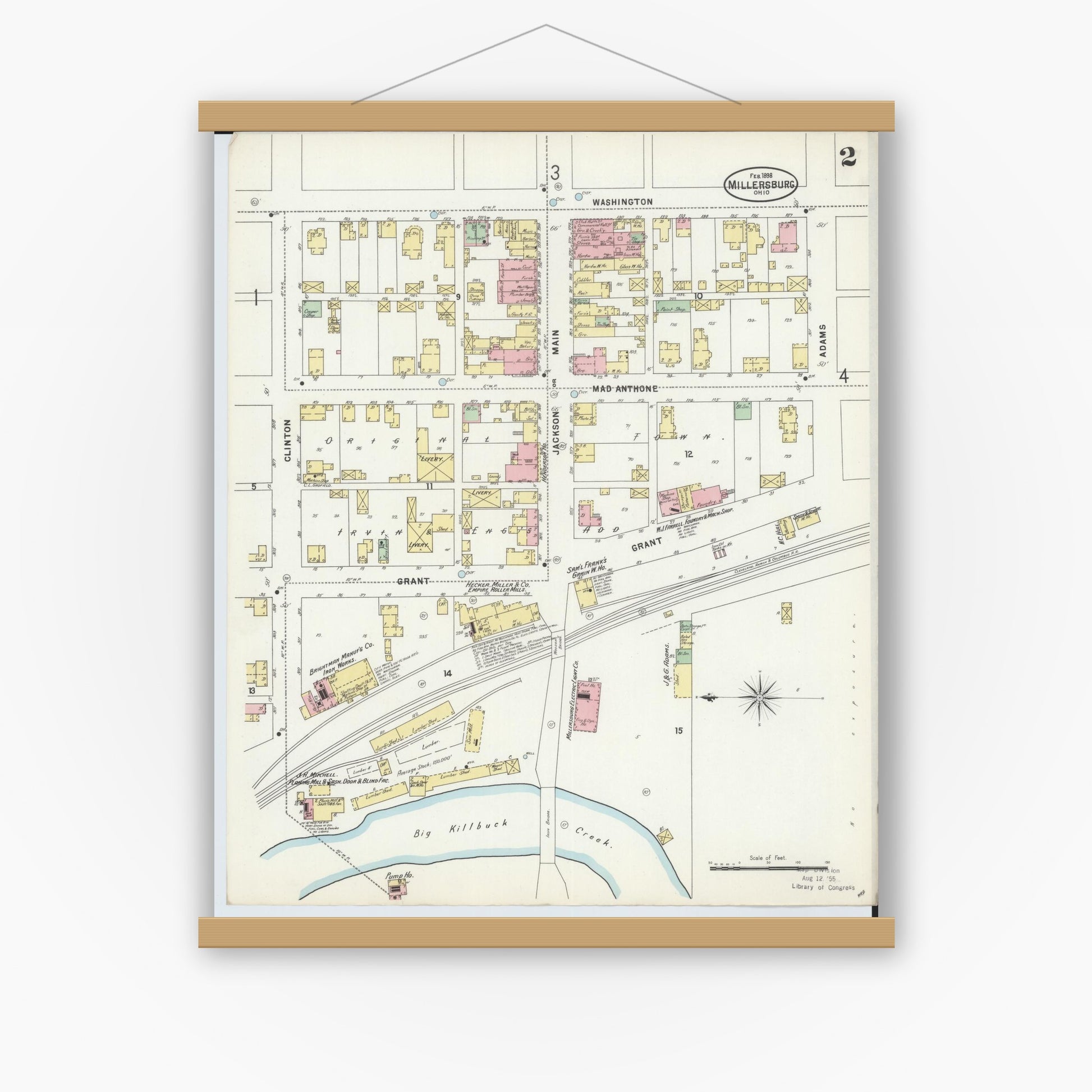 Old map wall art mockup — magnetic wood frame on white wall — Sanborn Fire Insurance Map from Millersburg, Holmes County, Ohio (1898), Sheet #0002