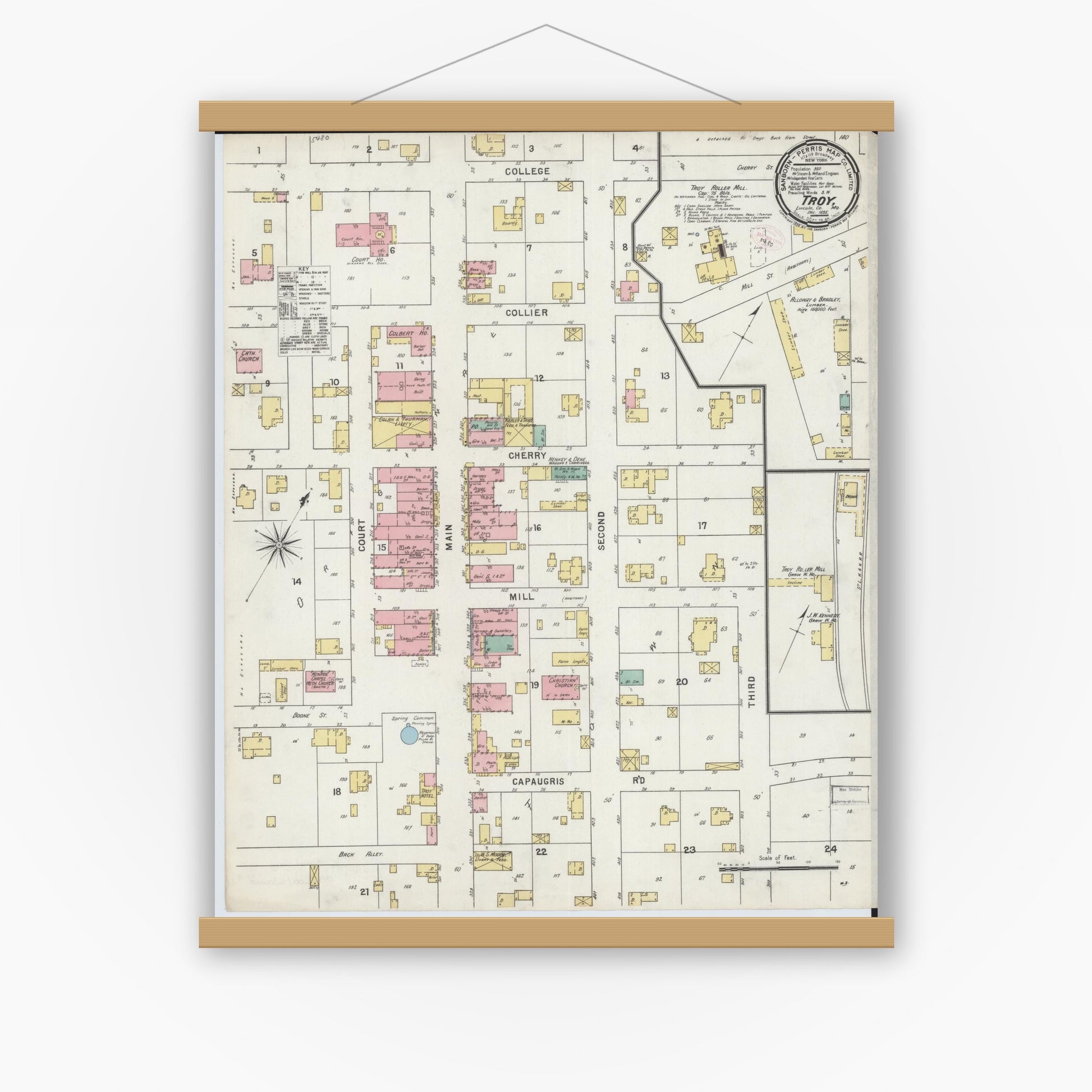 Old map wall art mockup — magnetic wood frame on white wall — Sanborn Fire Insurance Map from Troy, Lincoln County, Missouri (1895), Sheet #0001