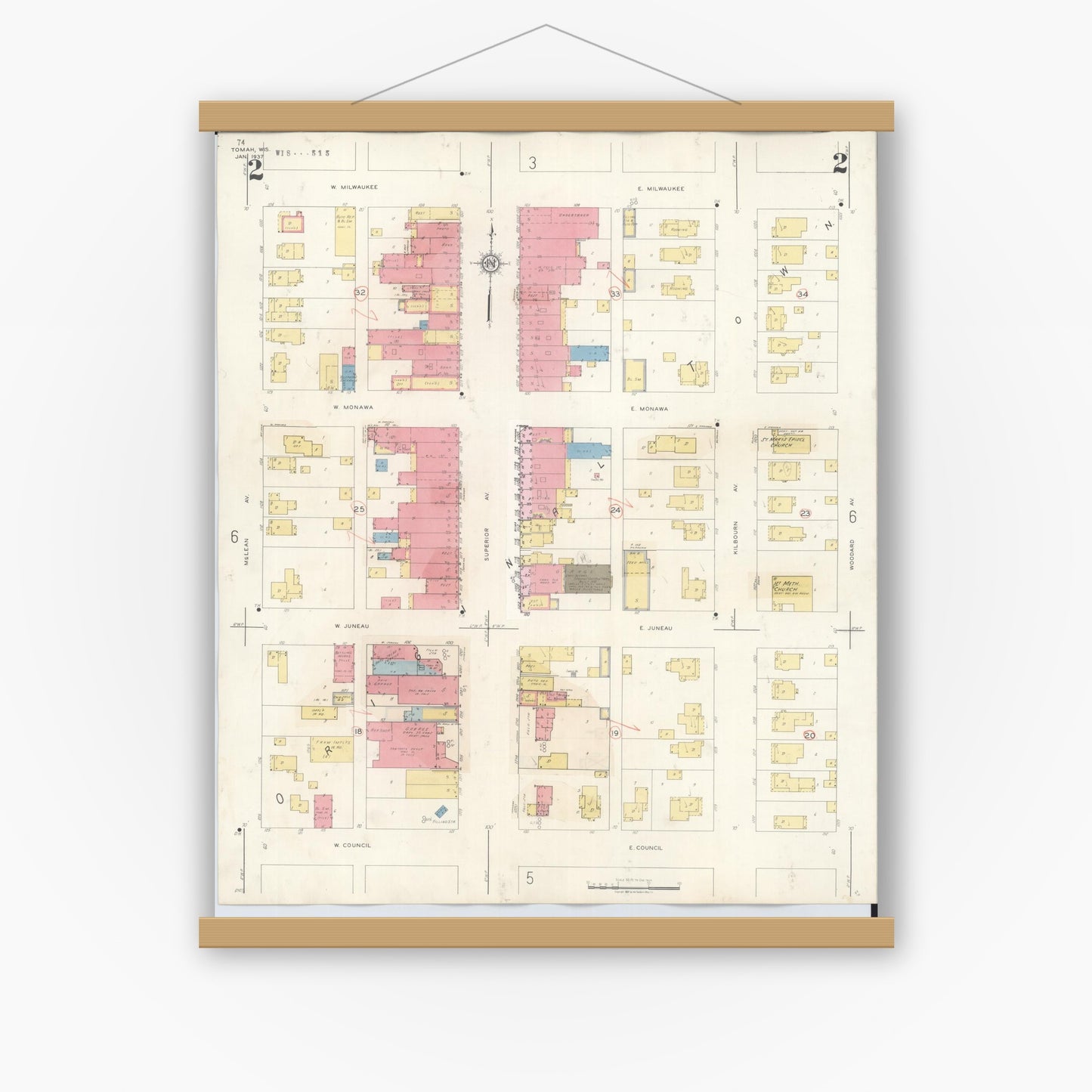 Old map wall art mockup — magnetic wood frame on white wall — Sanborn Fire Insurance Map from Tomah, Monroe County, Wisconsin (1944), Sheet #0002