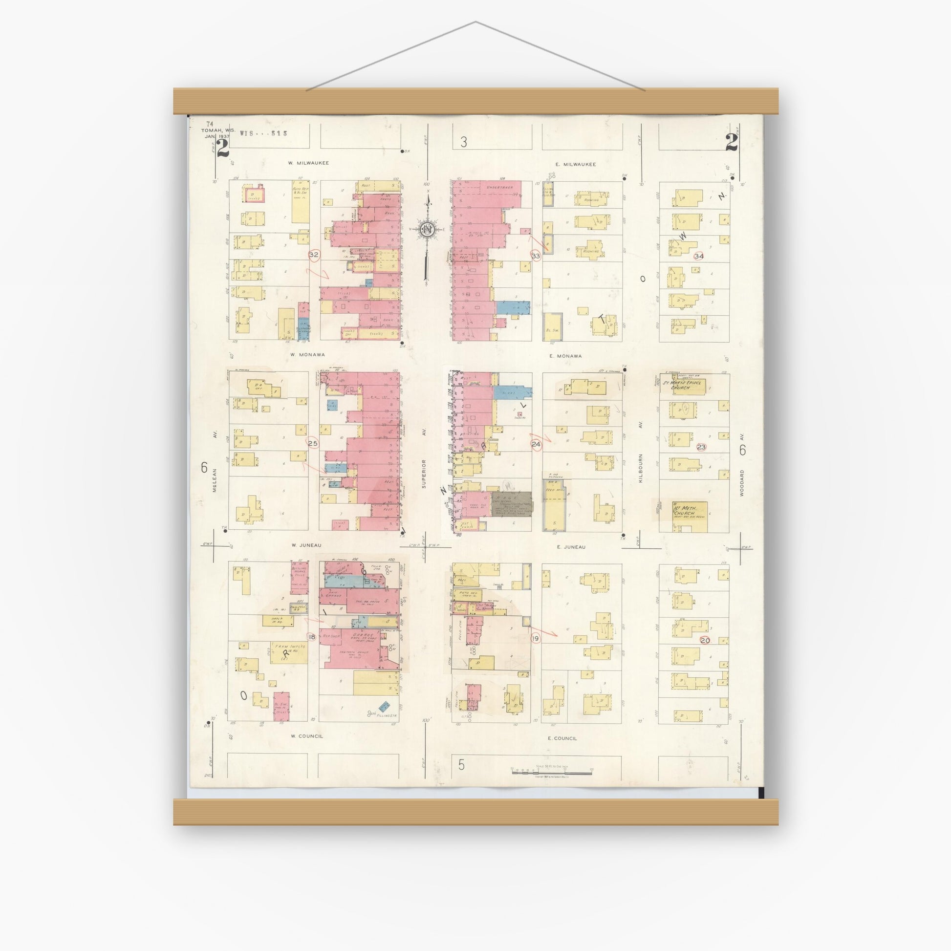 Old map wall art mockup — magnetic wood frame on white wall — Sanborn Fire Insurance Map from Tomah, Monroe County, Wisconsin (1944), Sheet #0002