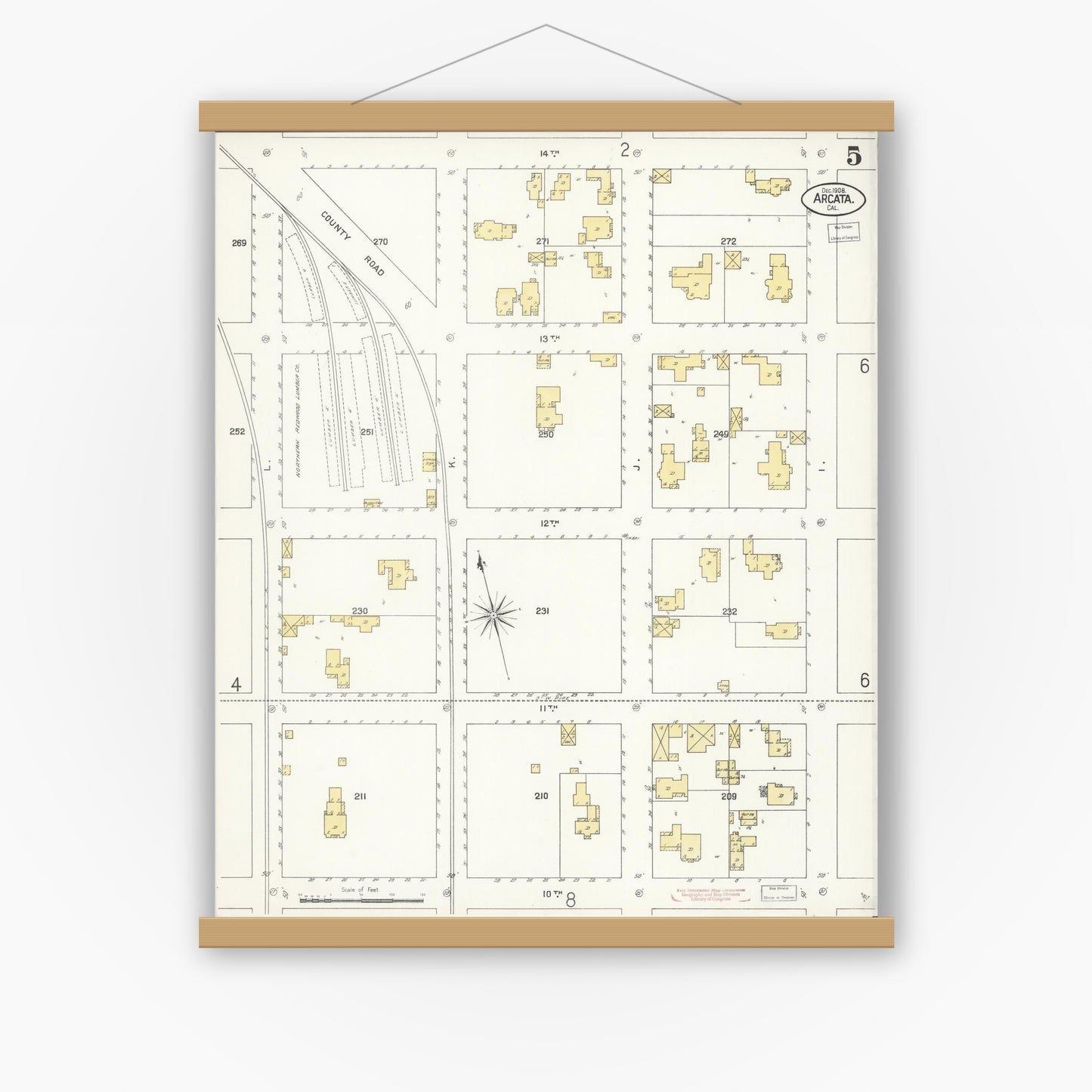 Old map wall art mockup — magnetic wood frame on white wall — Sanborn Fire Insurance Map from Arcata, Humboldt County, California (1908), Sheet #0005