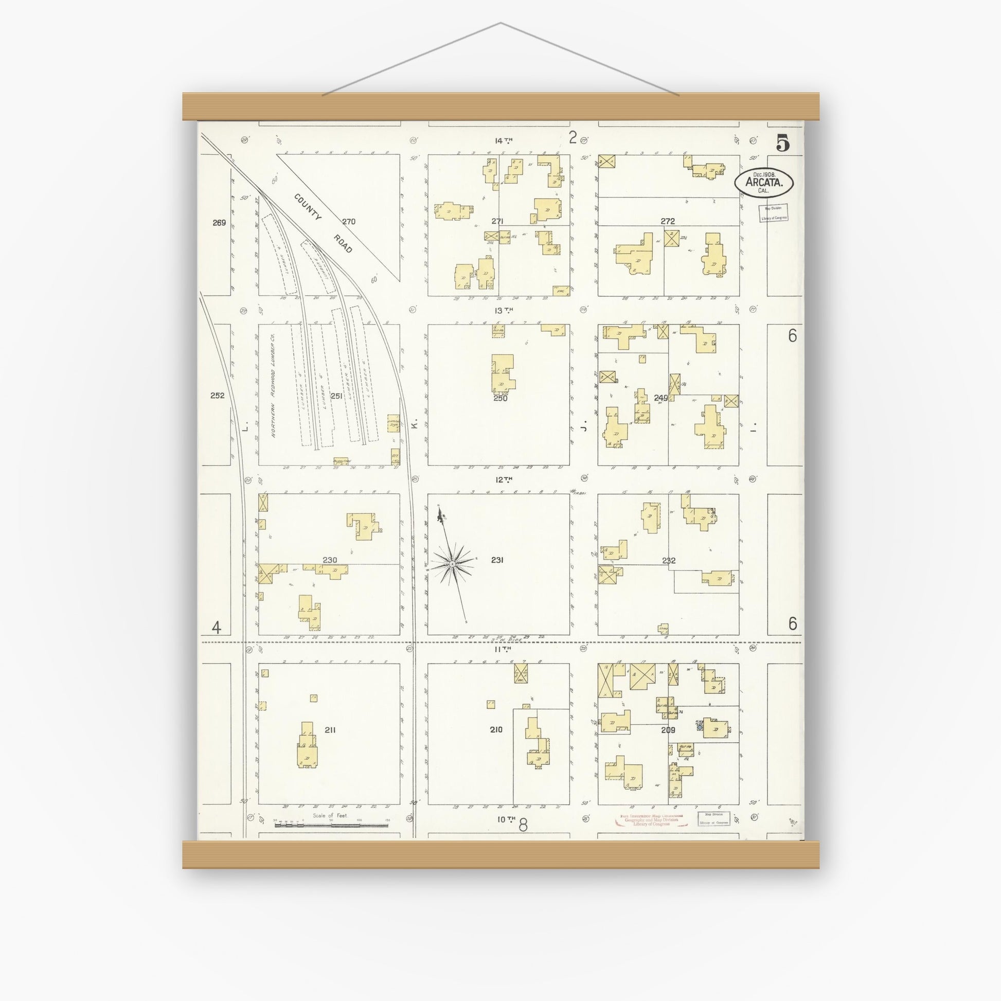 Old map wall art mockup — magnetic wood frame on white wall — Sanborn Fire Insurance Map from Arcata, Humboldt County, California (1908), Sheet #0005