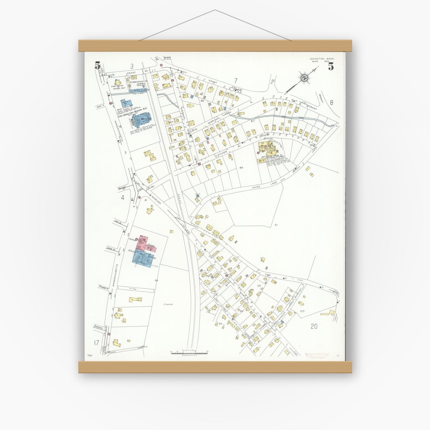 Old map wall art mockup — magnetic wood frame on white wall — Sanborn Fire Insurance Map from Lexington, Middlesex County, Massachusetts (1935), Sheet #0005
