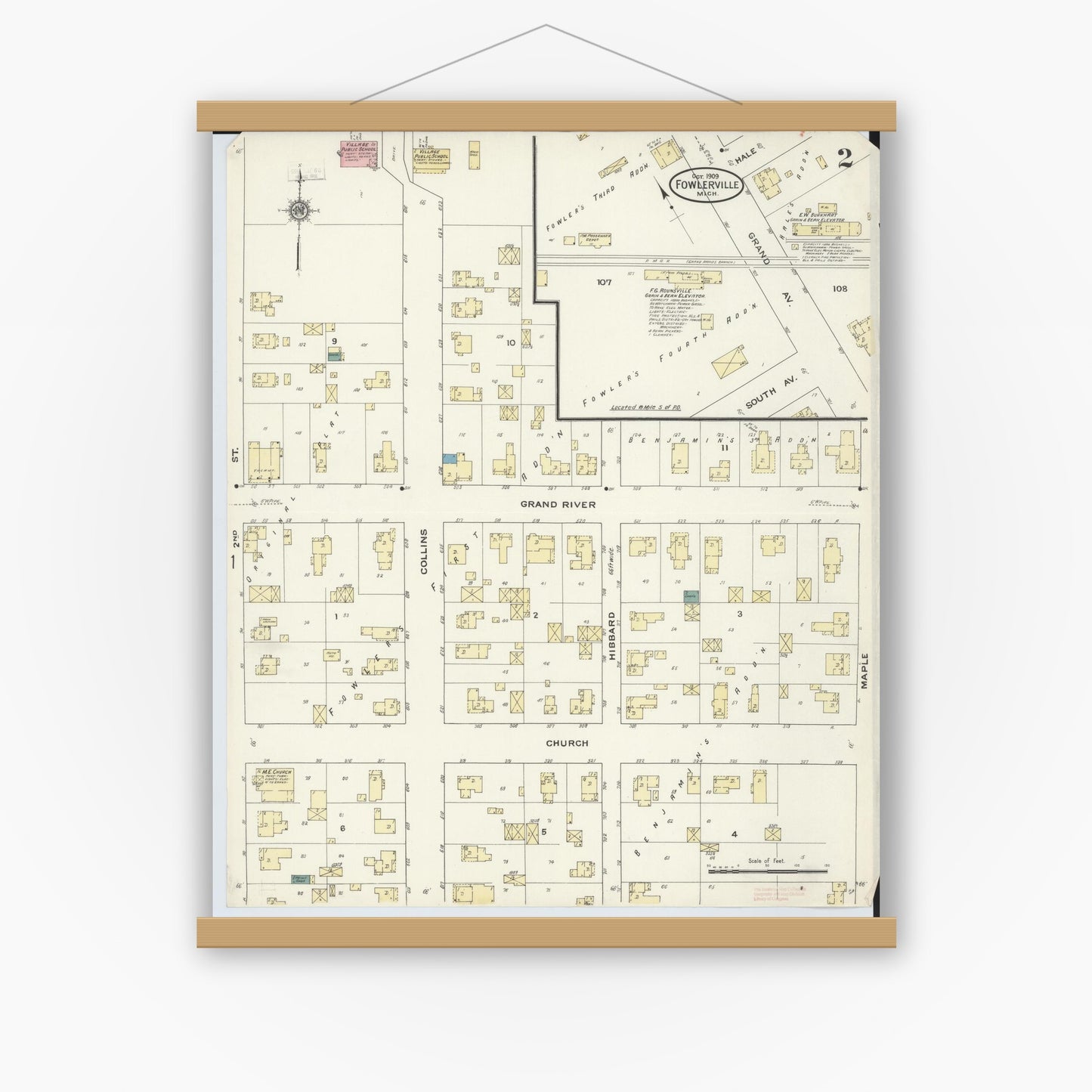 Old map wall art mockup — magnetic wood frame on white wall — Sanborn Fire Insurance Map from Fowlerville, Livingston County, Michigan (1909), Sheet #0002