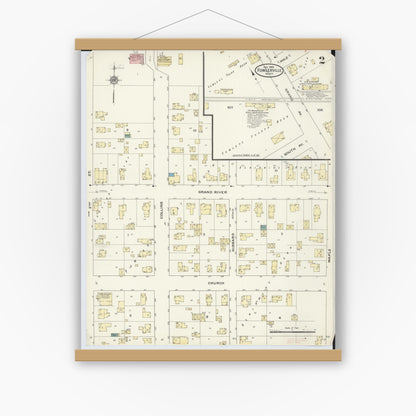 Old map wall art mockup — magnetic wood frame on white wall — Sanborn Fire Insurance Map from Fowlerville, Livingston County, Michigan (1909), Sheet #0002