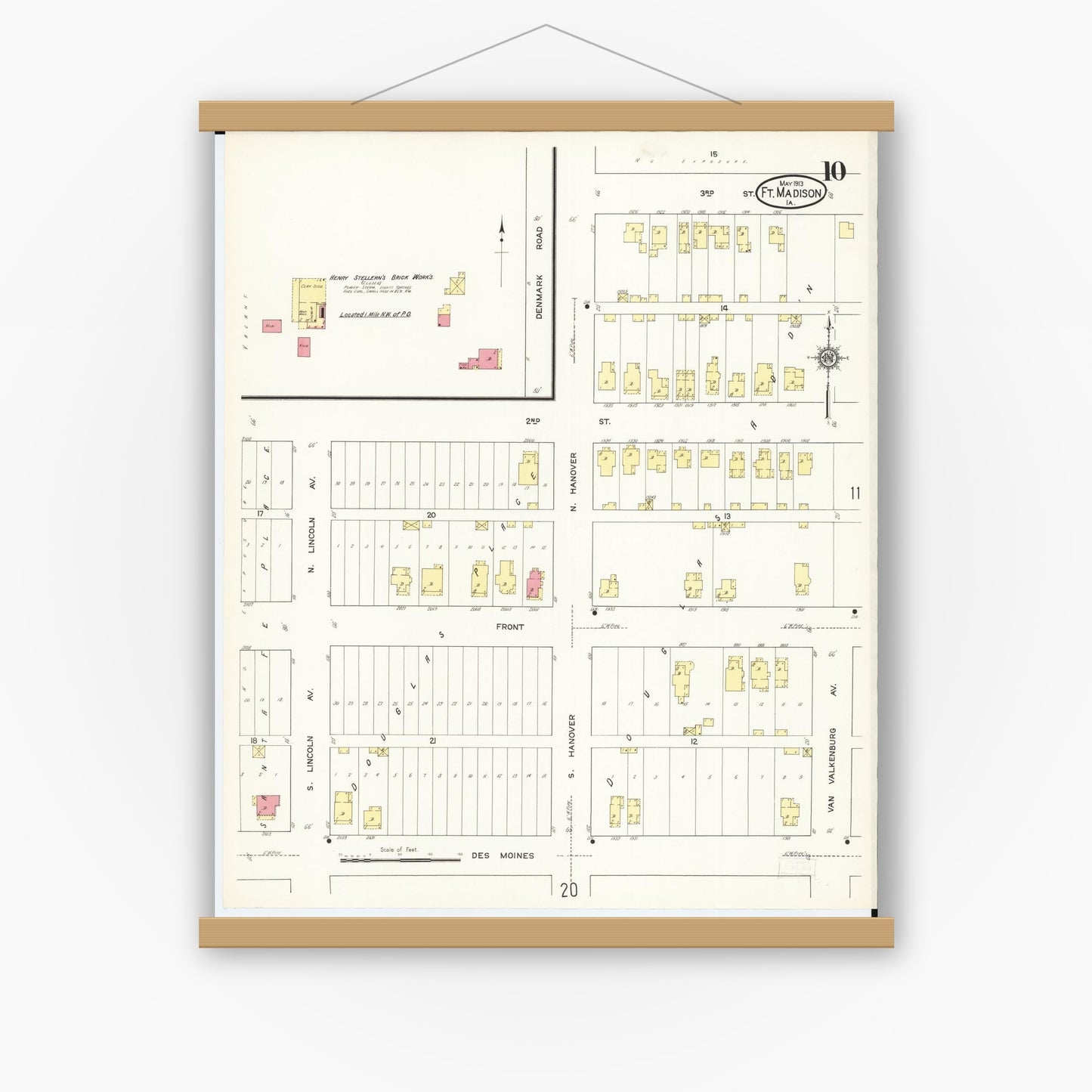 Old map wall art mockup — magnetic wood frame on white wall — Sanborn Fire Insurance Map from Fort Madison, Lee County, Iowa (1913), Sheet #0010