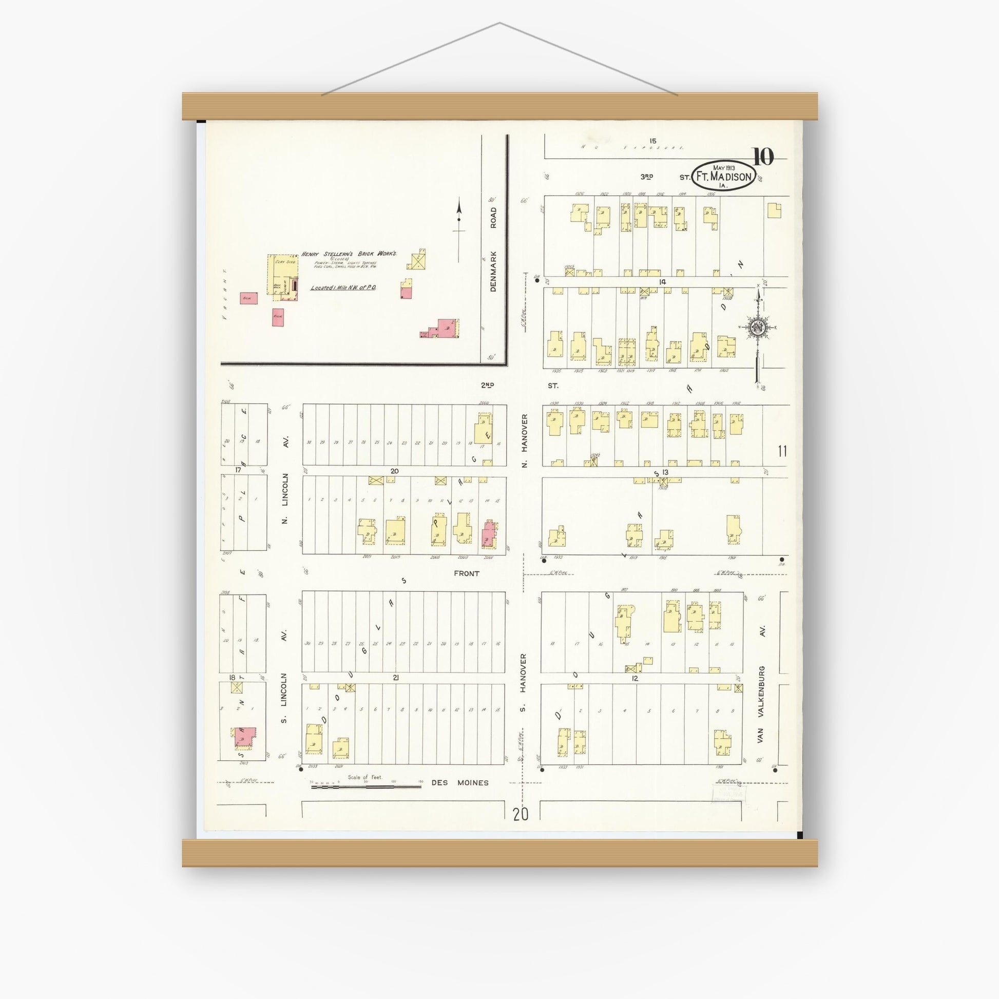 Old map wall art mockup — magnetic wood frame on white wall — Sanborn Fire Insurance Map from Fort Madison, Lee County, Iowa (1913), Sheet #0010