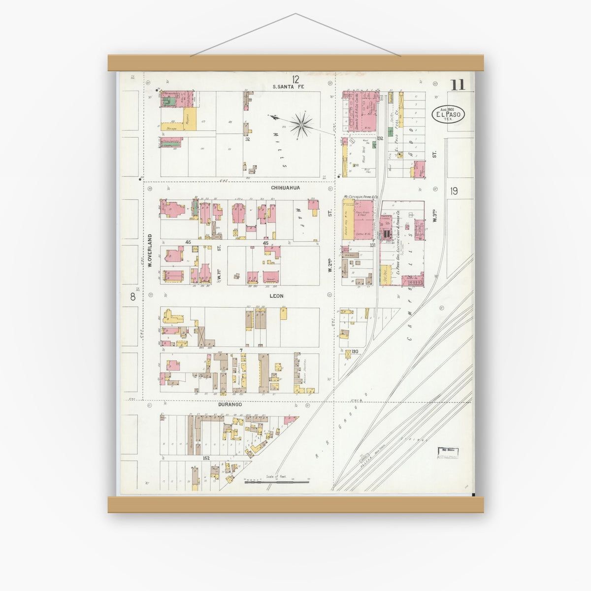 Old map wall art mockup — magnetic wood frame on white wall — Sanborn Fire Insurance Map from El Paso, El Paso County, Texas (1900), Sheet #0011