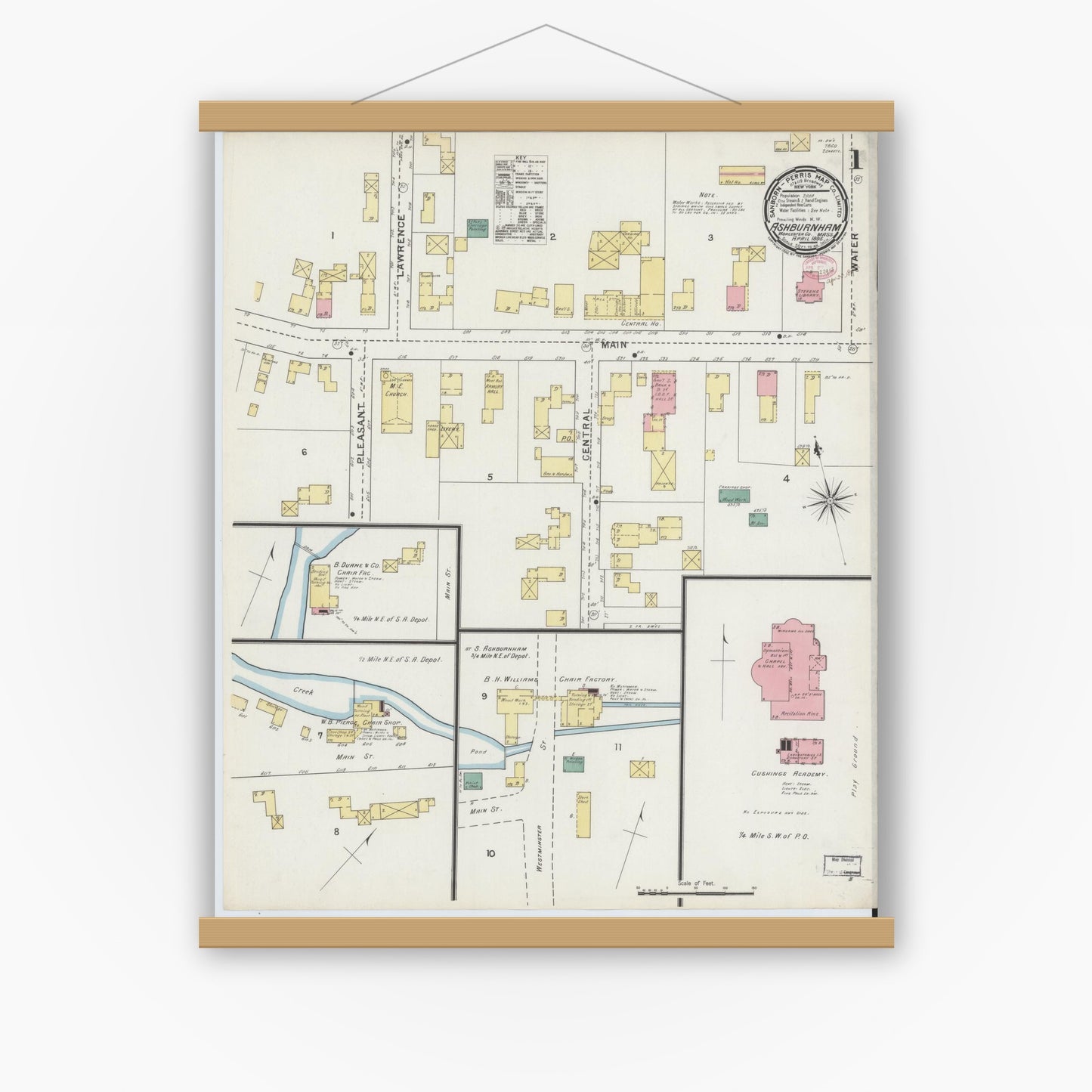 Old map wall art mockup — magnetic wood frame on white wall — Sanborn Fire Insurance Map from Ashburnham, Worcester County, Massachusetts (1895), Sheet #0001
