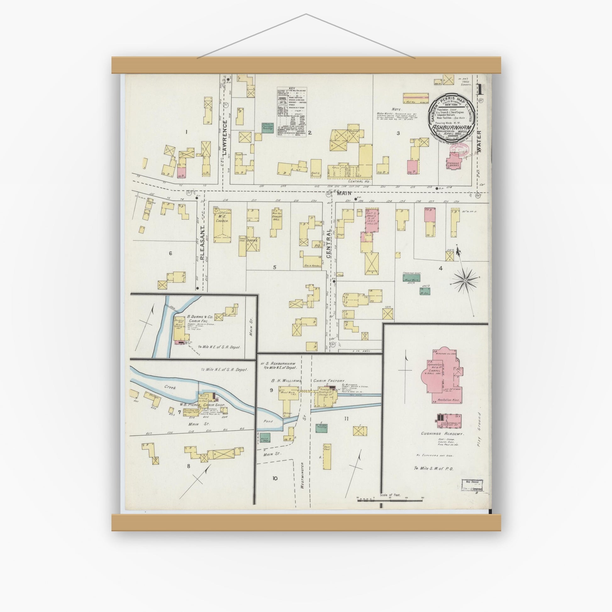 Old map wall art mockup — magnetic wood frame on white wall — Sanborn Fire Insurance Map from Ashburnham, Worcester County, Massachusetts (1895), Sheet #0001