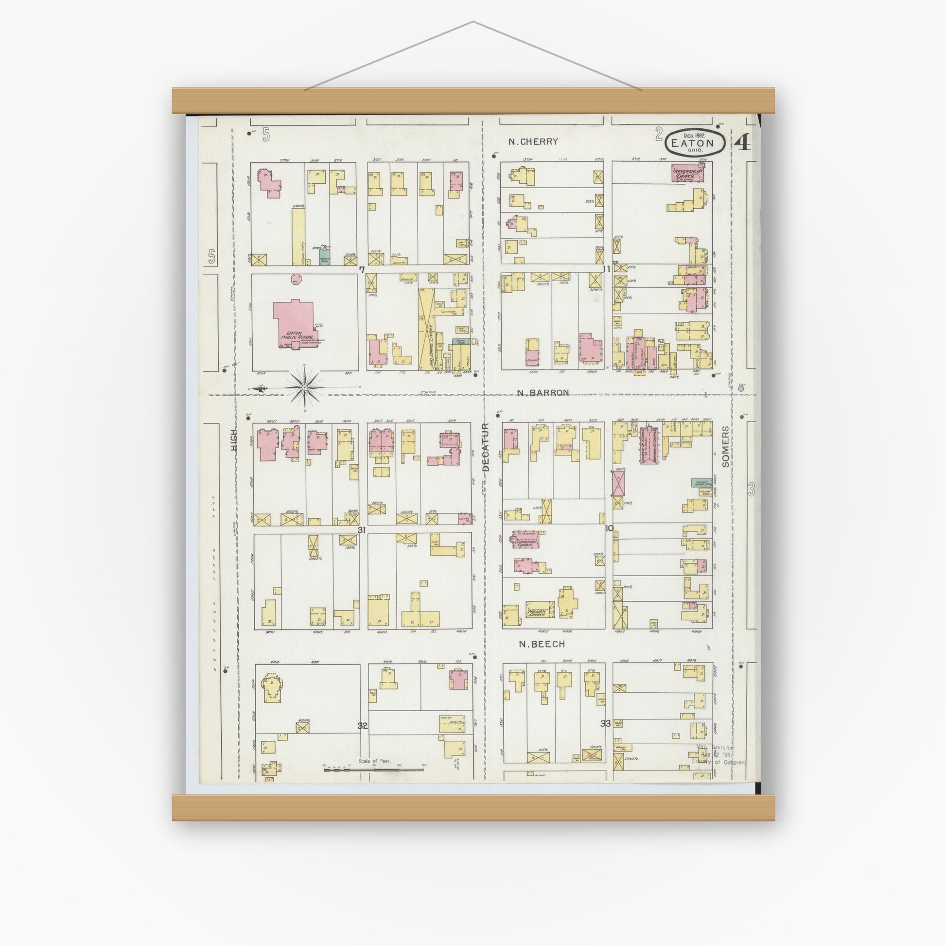 Old map wall art mockup — magnetic wood frame on white wall — Sanborn Fire Insurance Map from Eaton, Preble County, Ohio (1892), Sheet #0004
