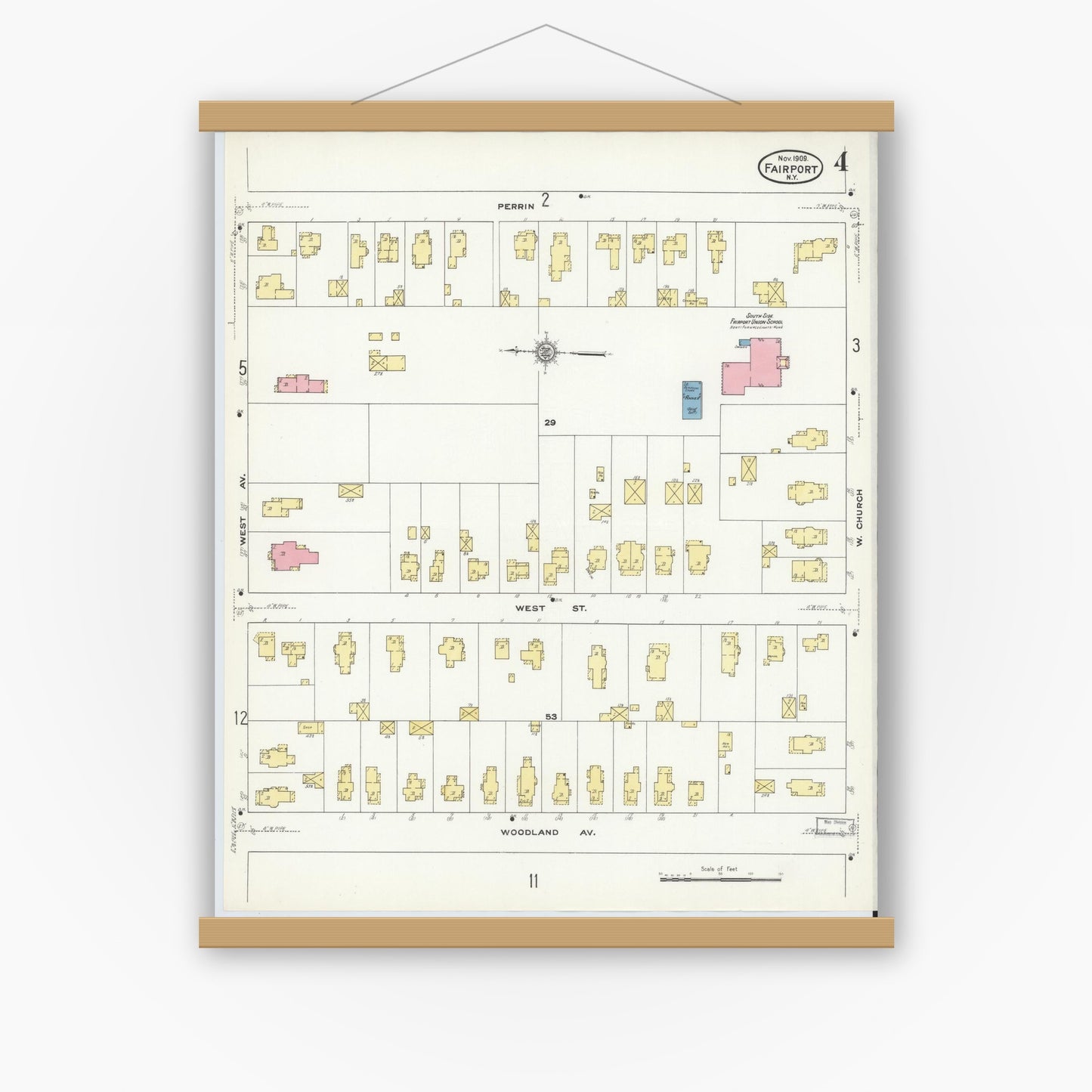 Old map wall art mockup — magnetic wood frame on white wall — Sanborn Fire Insurance Map from Fairport, Monroe County, New York (1909), Sheet #0004