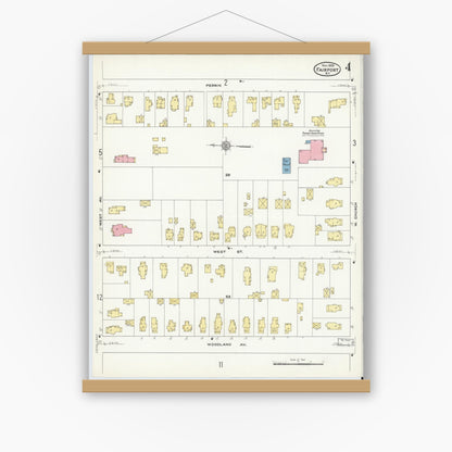 Old map wall art mockup — magnetic wood frame on white wall — Sanborn Fire Insurance Map from Fairport, Monroe County, New York (1909), Sheet #0004