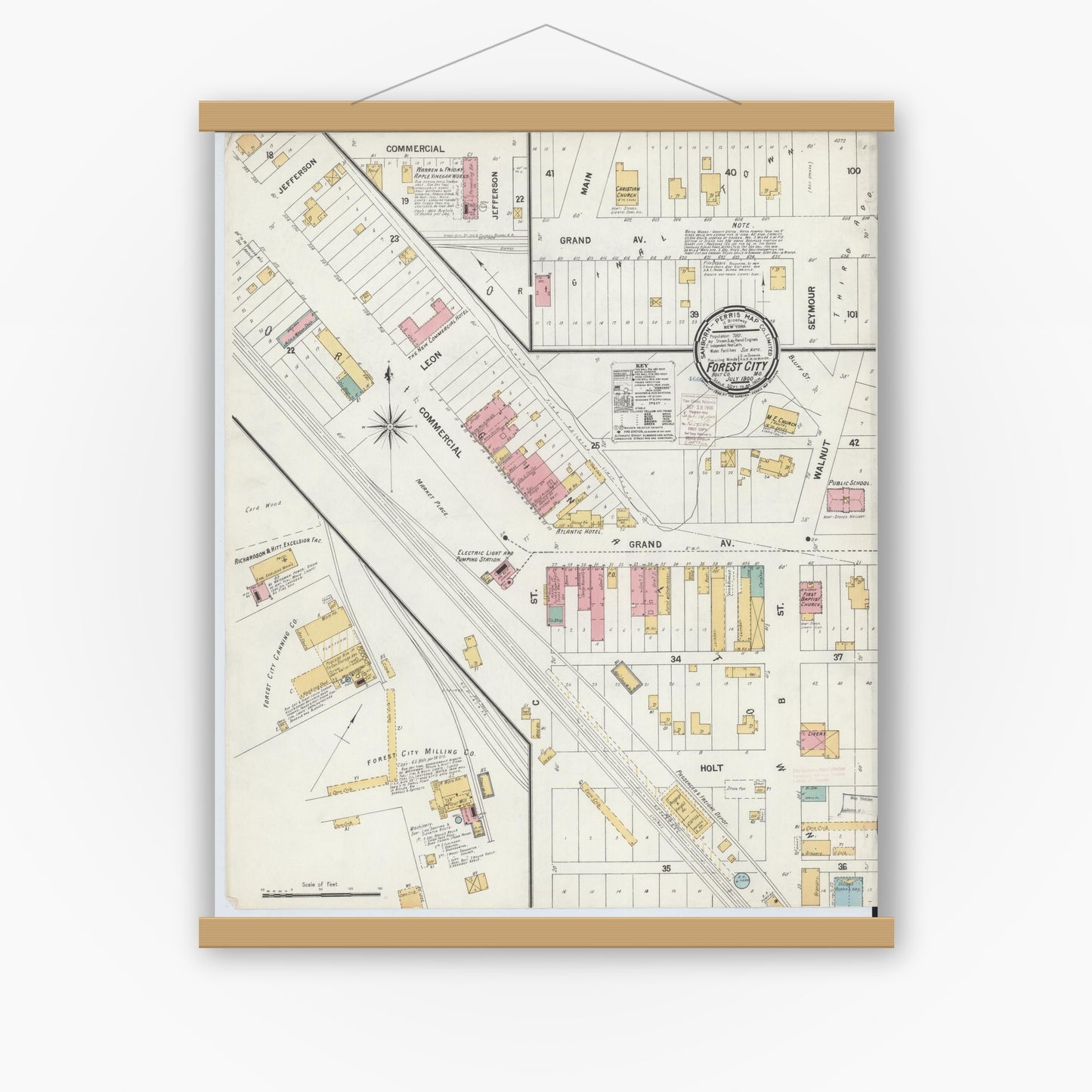 Old map wall art mockup — magnetic wood frame on white wall — Sanborn Fire Insurance Map from Forest City, Holt County, Missouri (1900), Sheet #0001