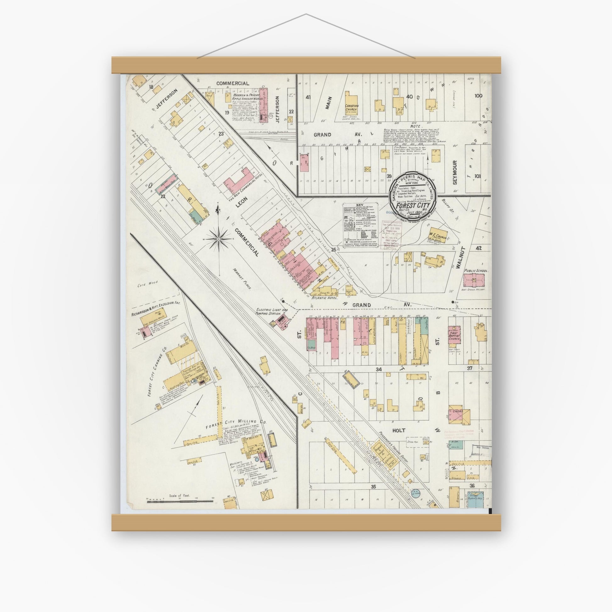Old map wall art mockup — magnetic wood frame on white wall — Sanborn Fire Insurance Map from Forest City, Holt County, Missouri (1900), Sheet #0001